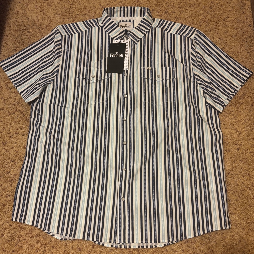 Ferrell Mens Blue vertical stripes Wyatt Snap Short Sleeve pearl snaps NWT